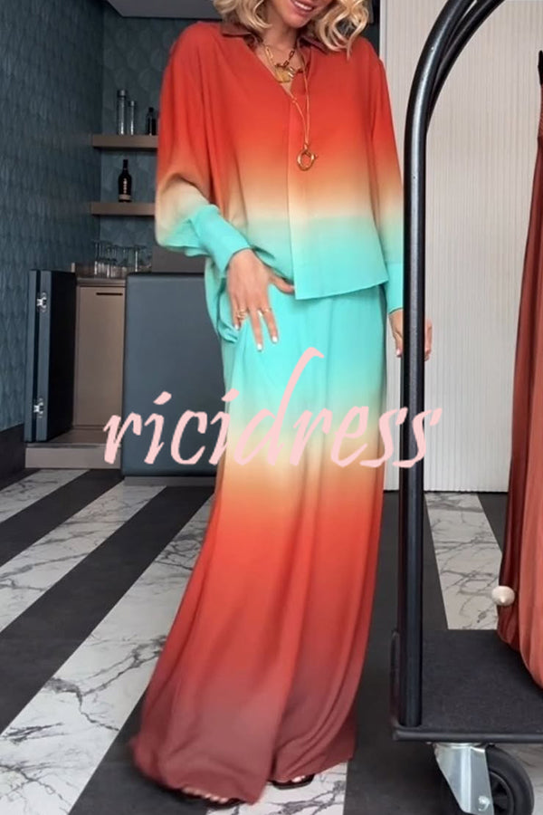 Neon Sunset Gradient Print Long Sleeve High Low Hem Blouse and Elastic Waist Loose Pants Set