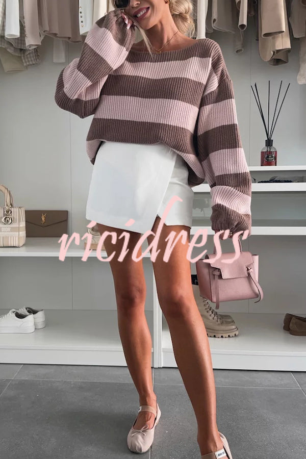 Fashion Striped Loose Long-sleeved Crew Neck Knitted Sweater