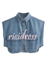 Stylish Weekend Denim Button Up Cape Sleeve Pocket Crop Top