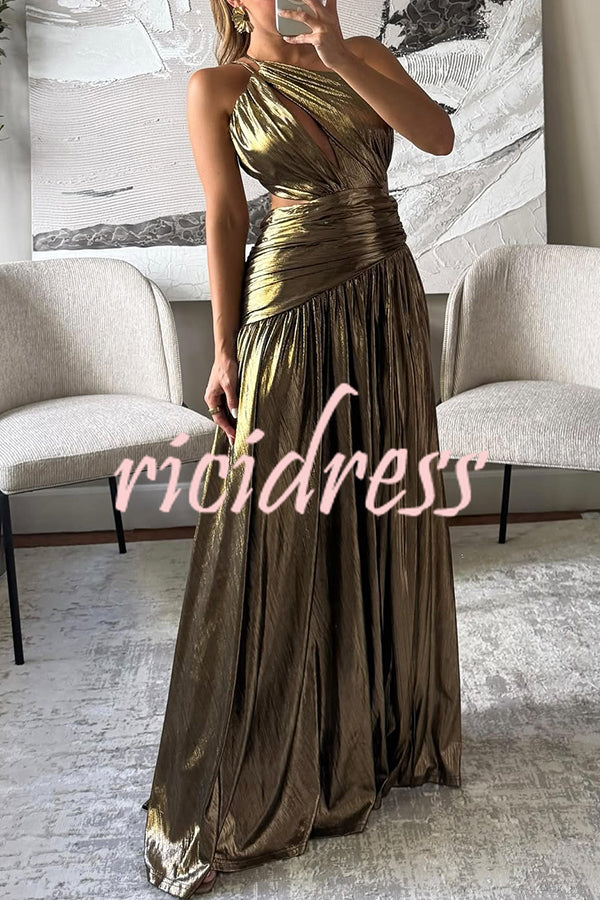 Shine Bright Metallic Fabric One Shoulder Cutout Back Lace-up Slit Maxi Dress