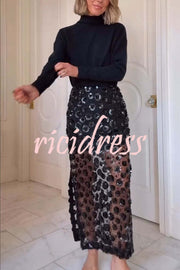 Gorgeous Flower Embellished Sequin Sheer High Rise Slit Midi Skirt