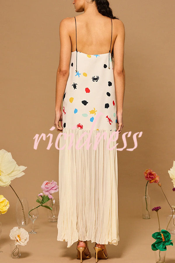 Ocean Dot Unique Print Starfish Metal Strap Pleated Chiffon Hem Maxi Dress