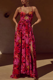 Resort Style Printed Starfish Brooch Cutout Ruched Slit Maxi Dress