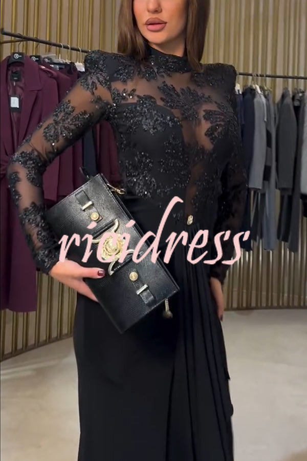 Fenna Sheer Floral Sequin Shoulder Pads Long Sleeve Drape Slit Maxi Dress