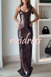 Dazzling Like Flowing Water Sequin V-neck Back Zipper Slit Maxi Dress