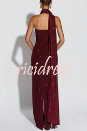 Pandra Glittery Crepe Fabric Off Shoulder Ruched Slit Cape Maxi Dress