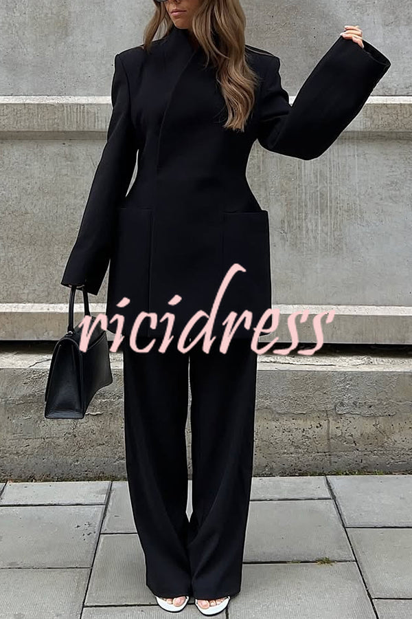 Solid Color Lapel Long Sleeve Casual Pocket Long Blazer