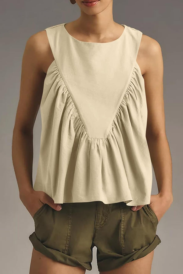Solid Color Round Neck Sleeveless Pleated Loose Vest