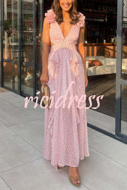 Wedding Dreams Chiffon Printed Flutter Sleeve Cutout Back Lace-up Maxi Dress