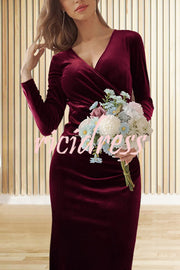 Solid Color Velvet Long Sleeve V-neck Slim Fit Fishtail Maxi Dress