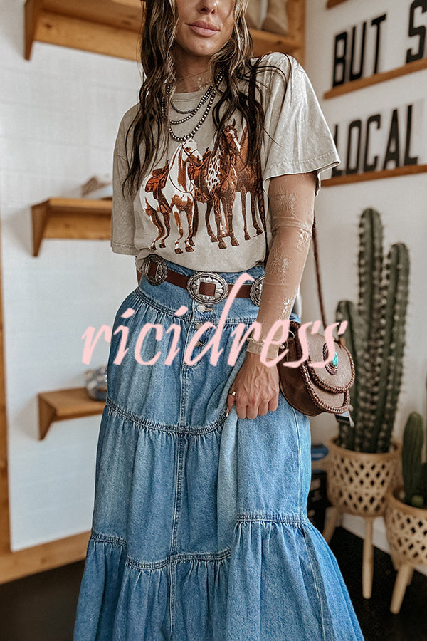 Bohemian High Rise Button Up Loose Denim Pocket Maxi Skirt