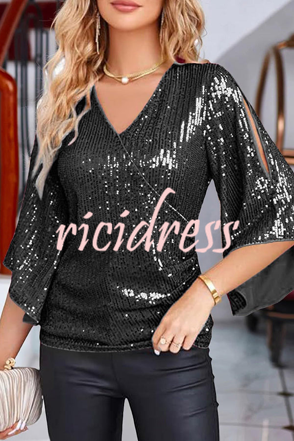 Solid Color Sequined V-neck Hollow Sleeve Slim Fit Top