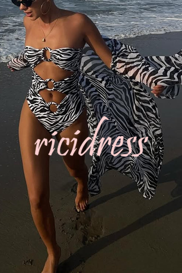 Marsie Zebra-print Ring Cutout Details Off Shoulder Stretch One-Piece Swimsuit