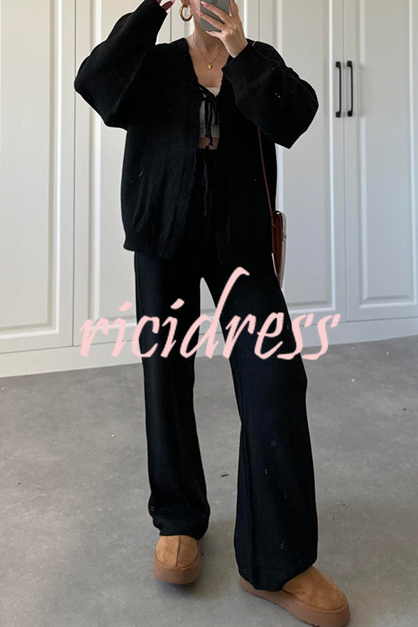 Solid Color V-neck Tie Long-sleeved Loose Knit Cardigan and Elastic Waist Casual Straight Leg Pants Set