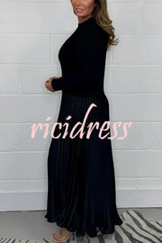 Stylish Knitted Round Neck Long Sleeve Patchwork Pleated Hem Maxi Dress