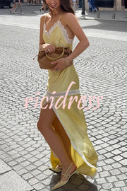Sweet Trend Satin Lace Trim V-neck Slit Slip Maxi Dress