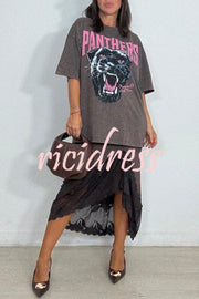 Rolen Satin Lace Patchwork Elastic Waist Irregular Hem Midi Skirt