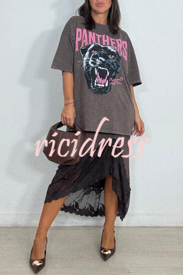 Rolen Satin Lace Patchwork Elastic Waist Irregular Hem Midi Skirt