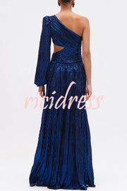 Dazzling Night Metallic Pleated One Shoulder Cutout Balloon Sleeve Gown Maxi Dress