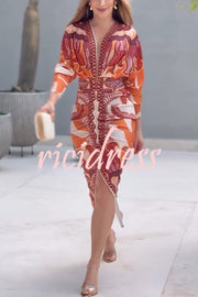 Brazilian Style Unique Print Dolman Long Sleeve Ruched Slit Midi Dress