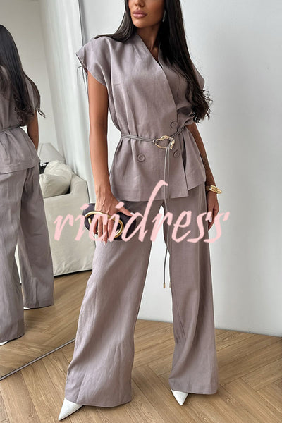 Modern City Double Breasted Belted Wide Short Sleeve Suit and Elastic Waist Loose Pants Set