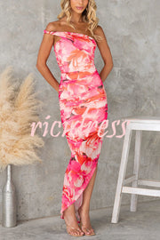 Imposter Mesh Floral Asymmetrical Neck Ruched Stretch Maxi Dress