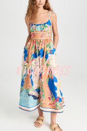 Unique Printed Lace-up Suspender Pockets Casual Resort Style Midi Dress