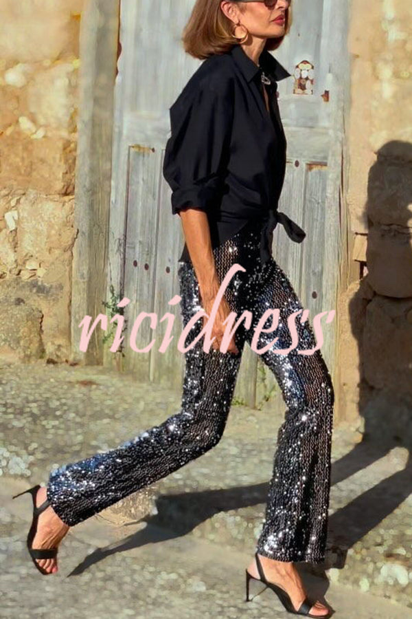 Pursue Shine Sequin High Rise Elastic Waist Flare Pants