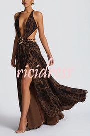Kinara Leopard Print Deep V-neck Metal Flower Hollow Beads Detail Slit Maxi Dress