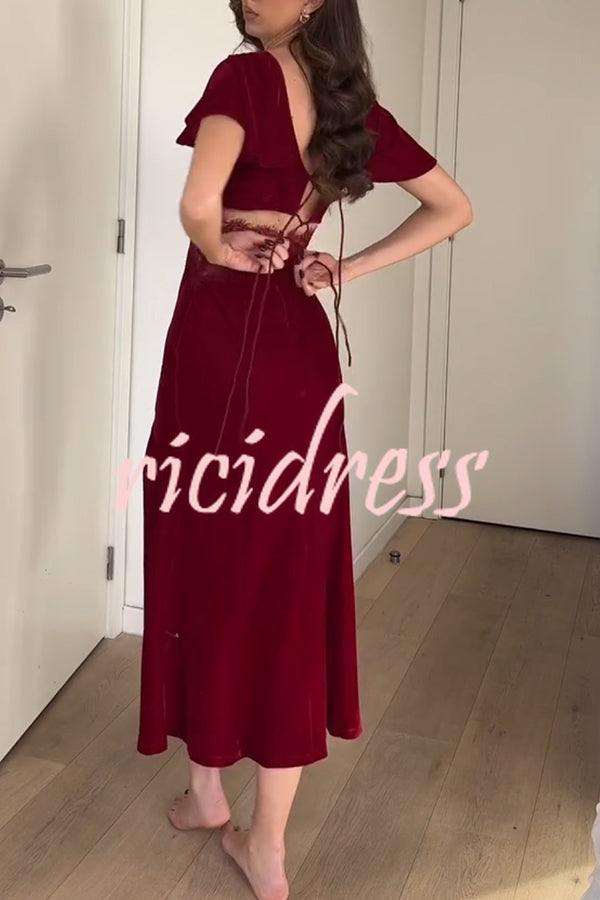 Yumi Velvet Lace Patchwork Bell Sleeve Back Lace-up Slit Midi Dress