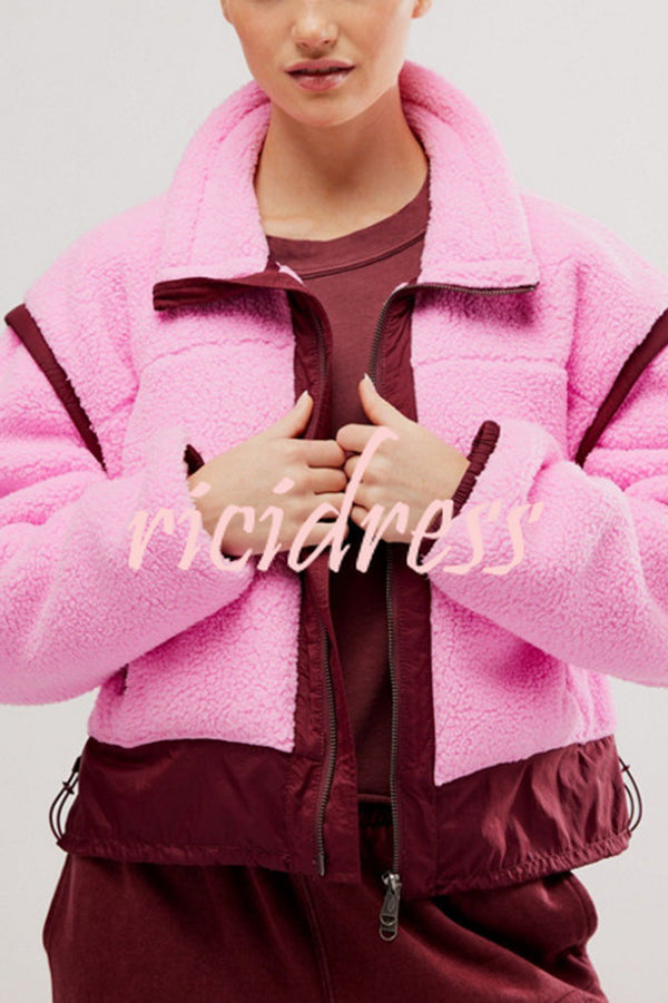 Stylish Patchwork Stand Collar Sherpa Zipper Jacket