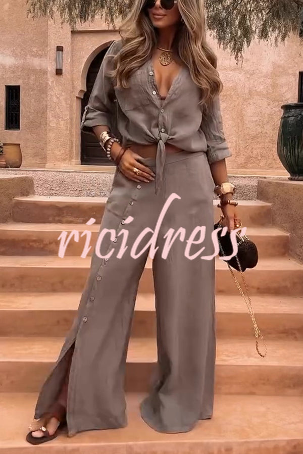 Solid Color Lapel Casual Button-down Shirt and Loose Pocket Slit Wide-leg Pants Set