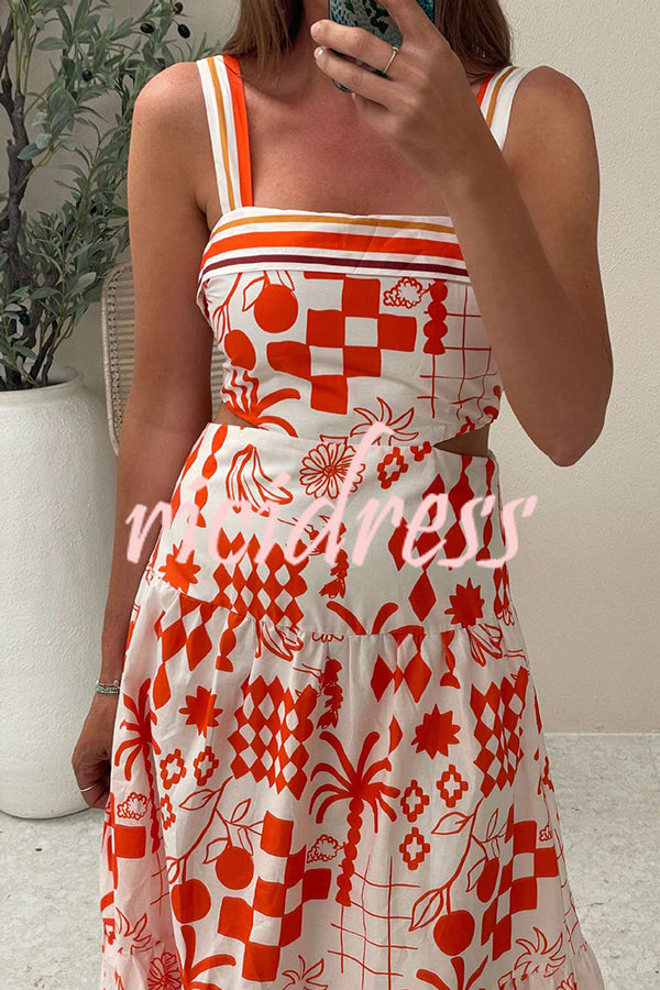 Unique Print Waist Cutout Back Gathered Suspender Maxi Dress