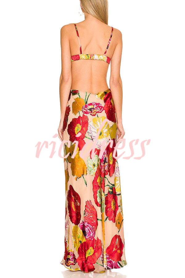 Hawaiian Dreams Satin Floral Print Cutout Backless Maxi Dress