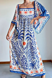 Resort Style Ethnic Print Square Neck Bell Sleeve Loose Maxi Dress