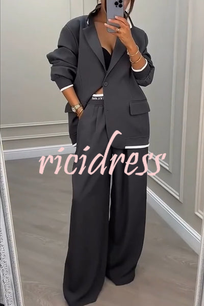 Fashion Sports Style Ribbed Colorblock Lapel Blazer and Elastic Waist Pocket Loose Pants Set