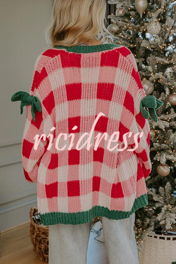 Holiday Cozy Checkered Knit Color-blocked Plaid Bow Long-sleeved Cardigan