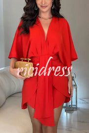 Solid Color V-Neck Half Sleeve Casual Irregular Mini Dress
