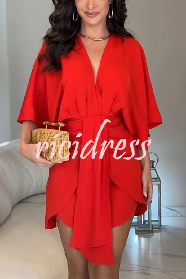 Solid Color V-Neck Half Sleeve Casual Irregular Mini Dress