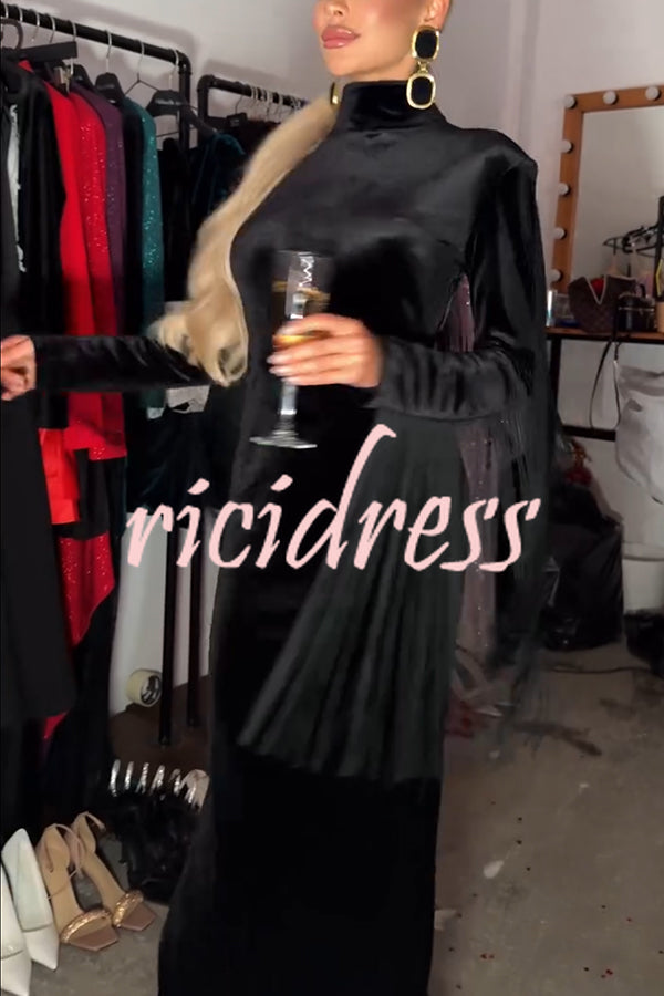 Eve Velvet Open Back Tassel Trim Long Sleeve Slit Maxi Dress