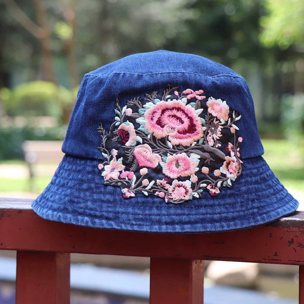 Fashionable Ethnic Style Embroidered Denim Bucket Hat