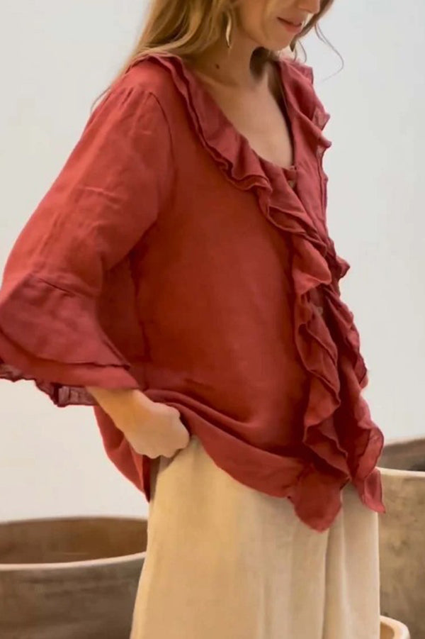 Solid Color V-neck Ruffled Casual Loose Top