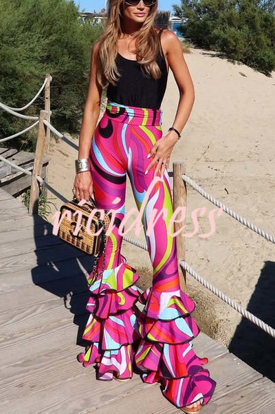 Cadee Unique Print High Rise Layered Flare Hem Stretch Pants