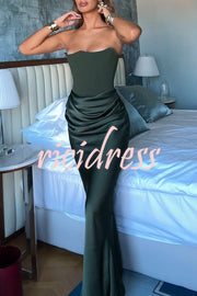 Attend The Gala Strapless Corset Satin Ruched Hip Drape Maxi Dress