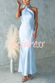 Satin Fashion Halter Backless Slim Elegant Maxi Dress