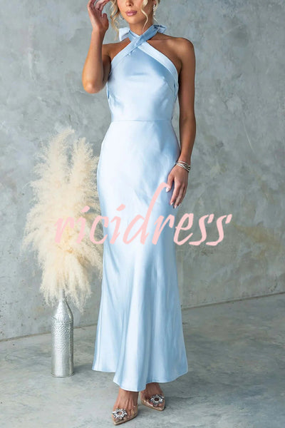 Satin Fashion Halter Backless Slim Elegant Maxi Dress