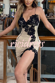 Sexy Lace Paneled Deep V Suspender Slim Midi Dress