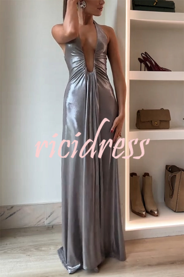 Sexy Silhouette Metallic Fabric Deep U-neck Halter Waterfall Sash Drape Maxi Dress