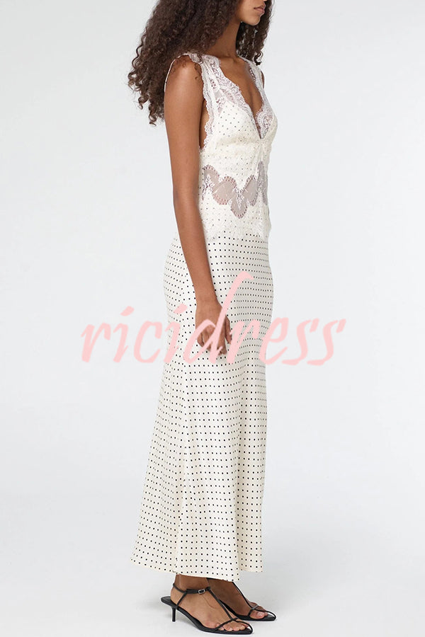 Wonderful Fusion Satin Lace Trim Poka Dot V-neck Drape Maxi Dress