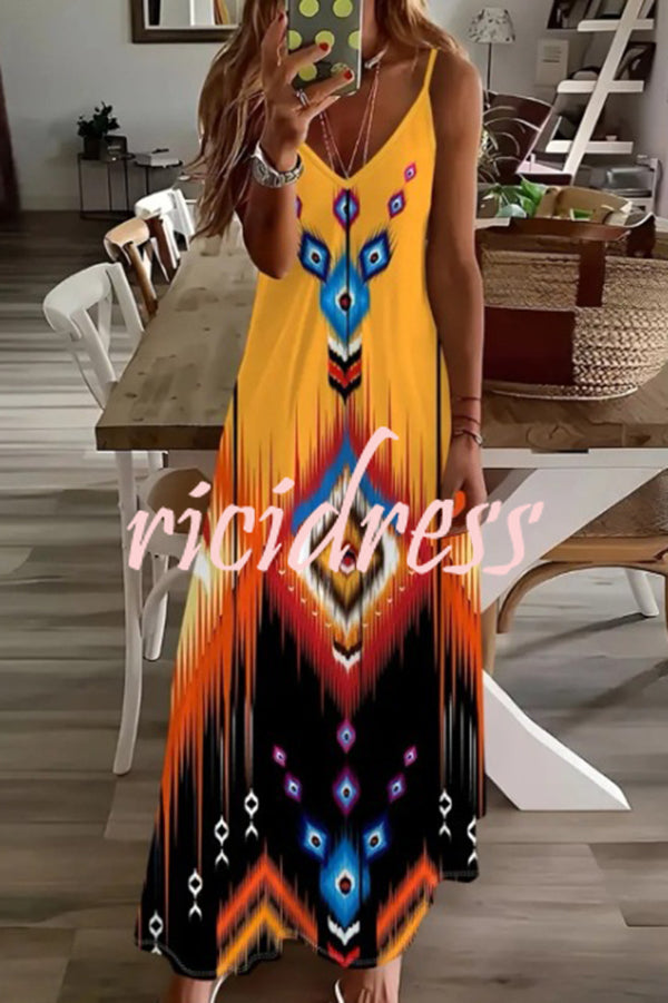 Unique Printed Suspender V-neck Loose Maxi Dress